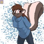 anthro black_body black_fur black_nose breasts brown_hair clothed clothing female fur hair red_eyes solo foxenawolf mammal mephitid skunk 1:1 adversarial_noise