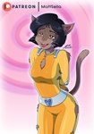 anthro black_hair bodysuit breasts brown_body brown_fur clothed clothing fangs female fur hair hands_behind_back inner_ear_fluff narrowed_eyes open_mouth pupils skinsuit slit_pupils solo teeth tight_clothing torn_clothing tuft whiskers toonexterminator totally_spies! alex_(totally_spies!) domestic_cat felid feline felis mammal