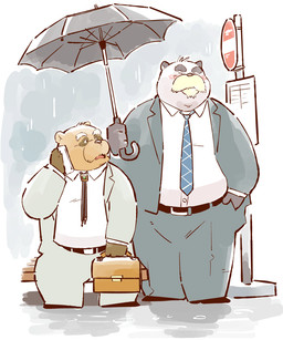 anthro blush bottomwear brown_body brown_fur clothing duo eyes_closed fur humanoid_hands male necktie overweight overweight_male pants raining shirt topwear umbrella garouzuki canid canine mammal raccoon_dog tanuki 2015