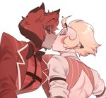 antlers blonde_hair bow_tie clothing duo ears_back ears_up eyebrows eyewear hair heart_symbol horn humanoid_pointy_ears kissing male male/male monocle pivoted_ears red_cheeks red_clothing red_hair suit kattesl hazbin_hotel alastor_(hazbin_hotel) animal_humanoid deer deer_humanoid demon humanoid mammal mammal_humanoid absurd_res hi_res watermark