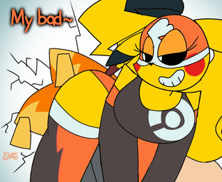 anthro big_breasts black_sclera blonde_hair breasts butt clothed clothing cosplay_pikachu_(costume) cracked_wall dialogue duo facesitting female fur hair long_hair male nude pseudo_hair simple_background sitting sitting_on_another tail text thick_thighs white_background white_eyes yellow_body yellow_fur filthycottonart unfortu-nate game_freak nintendo pokemon hi-volt_(unfortu-nate) pikachu_libre skye_(unfortu-nate) generation_1_pokemon generation_3_pokemon jirachi legendary_pokemon pikachu pokemon_(species) 2024 digital_media_(artwork) english_text