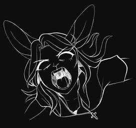 ambiguous_gender angry anthro bodily_fluids clothing collared_shirt cross fangs hair jewelry long_ears long_hair necklace no_pupils open_mouth saliva shirt simple_background solo teeth tongue topwear yelling brinstar emiko_(bludii) felid hybrid lagomorph leporid mammal pantherine rabbit snow_leopard vampire 2022 digital_media_(artwork) hi_res monochrome