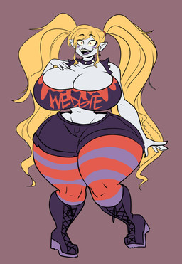 5_fingers big_breasts biped blonde_hair bottomwear breasts cleavage clothed clothing curvy_figure eyebrow_through_hair eyebrows female fingers hair hourglass_figure huge_breasts humanoid_pointy_ears long_hair midriff navel not_furry open_mouth open_smile pointy_ears shorts small_waist smile solo thick_thighs translucent translucent_hair wide_hipped_female wide_hipped_humanoid wide_hips cerealharem alice_(cerealharem) humanoid vampire absurd_res hi_res
