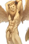 2_horns abs anthro areola armpit_hair balls biceps big_penis biped body_hair brown_mane brown_pubes brown_sclera feathered_wings feathers flaccid foreskin front_view fur genitals glans grey_horn hands_above_head horn humanoid_genitalia humanoid_penis lips male male_anthro mane manly mouth_closed multicolored_penis muscular muscular_anthro muscular_male navel nude nude_anthro nude_male obliques partially_retracted_foreskin pecs penis pink_glans pink_penis pubes pupils quads simple_background slit_pupils snout solo spread_wings standing tan_areola tan_balls tan_body tan_ears tan_fur tan_lips tan_nose tan_penis tan_wings text two_tone_penis vein veiny_penis white_background wings fox_banchan delicious_in_dungeon winged_lion_(delicious_in_dungeon) demon felid lion mammal pantherine 2024 absurd_res artist_name hi_res portrait three-quarter_portrait