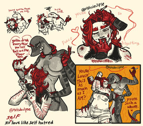 4_arms anthro arm_hair bare_chest bite_mark blade blush bodily_fluids body_hair bottomwear boxers_(clothing) burn_mark choker cigarette claws clothed clothing colored_nails corruption degradation duo eyes_on_hands facial_markings facial_piercing finger_in_mouth forced_intoxication frustrated gloves hair hand_tattoo handwear happy_trail head_markings holding_alcohol holding_neck insult jewelry leather leather_bottomwear leather_clothing leather_gloves leather_handwear leather_pants leather_restraints lighter lip_piercing long_hair markings mean multi_arm multi_limb nails necklace nipple_piercing nipples open_bottomwear open_clothing open_pants pants petals piercing pouring_alcohol pouring_on_another pulling_hair raised_clothing raised_shirt raised_tank_top raised_topwear red_clothing red_hair red_smoke red_underwear removing_belt restrained_arms scar self-harm_scars selfcest sexist_slur sharp_teeth shirt shirtless_anthro smile smoke smoking square_crossover stepped_on sweat sweatdrop tail tail_blade tank_top teeth text topwear touching_hair underwear unsure weapon_tail mutedeclipse corvina_(mutedeclipse) human mammal monster reptile scalie english_text restricted_palette intersex_(lore)
