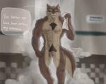 angry anthro balls black_nose brown_body brown_fur chest_tuft claws ear_piercing eyebrows foreskin front_view fur genitals humanoid_genitalia humanoid_penis locker_room looking_at_viewer male multicolored_body multicolored_fur muscular muscular_anthro muscular_male nipples nude partially_retracted_foreskin penis piercing pubes solo speech_bubble steam teeth text towel tuft two_tone_body two_tone_fur vein veiny_penis walking wet unpopularwolf canid canine canis mammal wolf digital_media_(artwork) english_text hi_res