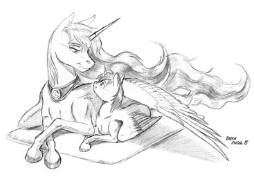 duo eye_contact feathered_wings feathers female feral fur hair hooves horn looking_at_another male unicorn_horn wings young baron_engel friendship_is_magic goldfur's_cogsverse hasbro my_little_pony mythology destined_path princess_luna_(mlp) equid equine mammal mythological_creature mythological_equine winged_unicorn 2015 graphite_(artwork) greyscale monochrome traditional_media_(artwork)