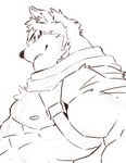 abs anthro armor male muscular muscular_anthro muscular_male nipples pecs simple_background solo unconvincing_armor white_background heylaw21 crave_saga hakuma_(crave_saga) canid canine canis mammal wolf 2023 black_and_white monochrome sketch