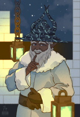 beard brown_body clothing facial_hair fantasy fur_coat hair hat headgear headwear holidays horn humanoid_pointy_ears lamp magic_user male mature_male night not_furry outside pointy_ears purple_eyes sky snow solo street_lamp town white_hair winter winter_clothing wizard_hat ocelotka new_year elf humanoid digital_media_(artwork) half-length_portrait portrait