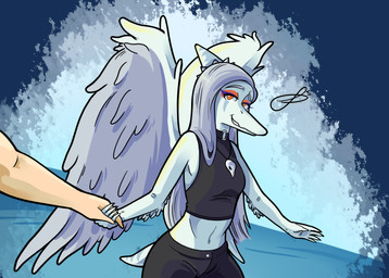 anthro black_bottomwear black_clothing black_crop_top black_pants black_shirt black_topwear blue_body bone bone_frill bottomwear breasts clothed clothed_anthro clothed_female clothing collar crop_top duo elbow_feathers feathered_wings feathers female fingers frill_(anatomy) grey_body grey_feathers grey_hair hair hand_holding humanoid_hands jewelry long_hair looking_at_viewer male markings midriff mostly_offscreen_human mostly_offscreen_male navel necklace non-mammal_breasts non-mammal_navel orange_eyes pants shirt short_tail skull small_breasts smile spiked_collar spikes striped_markings stripes tail topwear wings bass1l1ssc0 cavemanon_studios goodbye_volcano_high ko_op_(game_developer) snoot_game anon_(snoot_game) fang_(gvh) human mammal prehistoric_species pterosaur reptile scalie alpha_channel colored hi_res shaded signature