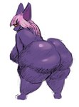 big_breasts big_butt breasts butt female hair huge_butt looking_back nude pink_hair purple_body purple_skin red_eyes short_stack simple_background slightly_chubby smile solo standing thick_thighs white_background wide_hips yellow_sclera cro-iba vivianne goblin humanoid 2022