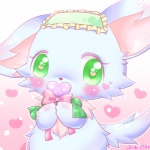 anthro blush female fur green_eyes heart_eyes heart_symbol ribbons semi-anthro simple_background solo text mirun_migyu jewelpet sanrio sega sega_fave milky_(jewelpet) canid canine canis chihuahua domestic_dog mammal toy_dog 1:1