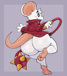 anthro big_butt biped blush bottomless butt clothed clothing feet female fur holding_object holding_weapon huge_butt red_clothing soles solo tail thick_thighs topwear weapon whip white_body wide_hips virito mina_the_hollower yacht_club_games mina_(mina_the_hollower) mammal mouse murid murine rodent absurd_res hi_res