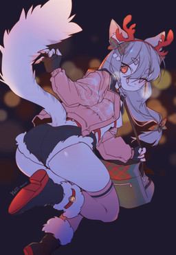 anthro areola bag bell biped bottomwear breasts clothed clothing female fingerless_gloves footwear fur gloves grey_hair hair handwear harness holidays jacket jingle_bell looking_back nipples one_eye_closed partially_clothed red_harness shoes shorts small_breasts smile solo tongue tongue_out topwear white_body white_fur wink yuio christmas sona_(yuio) domestic_cat felid feline felis mammal 2021 archived_source dated hi_res