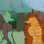 1:1 2014 anthro bottomwear clothed clothing digital_media_(artwork) duo eye_contact fen_(lagotrope) grass green_body green_skin horn kobold lagotrope lizard looking_at_another male mountain_kobold muscular orange_body orange_scales outline outside pants plant pupils reptile scales scalie shirt slit_pupils story story_at_source story_in_description tgchan topless topwear torn_clothing tree