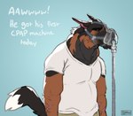 anthro arm_hair body_hair bottomwear clothing cpap_machine grumpy humor male mask pants pecs shirt slouching solo topwear upset wearing_mask lddraws ludwig_(lddraws) canid canine canis domestic_dog german_shepherd herding_dog mammal pastoral_dog hi_res