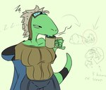 anthro beverage coffee exposed_shoulder female solo tired tired_eyes zweiluke lizard reptile scalie