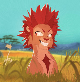 alternate_species duo feral feralized fur grass hair plant red_eyes red_hair savanna sky smile stalking tail tail_tuft tall_grass tan_body tan_fur tuft yellow_body yellow_fur young saberghatz disney my_hero_academia the_lion_king eijiro_kirishima katsuki_bakugou felid lion mammal pantherine 2022 crossover