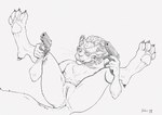 2023 anthro black_and_white casual_nudity charr dual_wielding eyewear eyewear_only felid female filthy_frank flat_chested genitals guild_wars gun handgun hi_res holding_gun holding_object holding_ranged_weapon holding_weapon khenca_(charr) line_art lying mammal meme monochrome nude nude_female on_back pussy ranged_weapon sabrotiger solo spread_legs spreading sunglasses sunglasses_only weapon