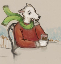 anthro chair clothing ears_back eyebrows fur furniture looking_at_viewer male on_chair outside pivoted_ears red_clothing red_shirt red_topwear scarf shirt sitting sitting_on_chair smile smiling_at_viewer solo table topwear white_body white_fur reynard_goodfellow canid canine canis domestic_dog mammal