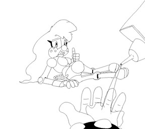 ambiguous_gender anthro breasts butt disembodied_hand doll doll_joints duo eyelashes featureless_breasts featureless_crotch female freckled_face freckles gesture hair hair_down hand_gesture joints long_hair lube_bottle nude offscreen_character oil reclining_pose smile tail thumbs_up unsure kurukuruzuuzuu idw_publishing sega sonic_the_hedgehog_(comics) sonic_the_hedgehog_(idw) sonic_the_hedgehog_(series) belle_the_tinkerer animate_inanimate robot_anthro unknown_species 2024 black_and_white monochrome