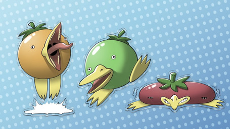 ambiguous_gender avian_feet beak berry feral food fruit glistening green_body group jumping orange_body pattern_background plant red_body simple_background teeth toony toothed_beak trio drawfee jacob_andrews drawfee_(copyright) anatid anseriform anserine avian bird elemental_creature flora_fauna food_creature goose gooseberry_fool_(drawfee) living_fruit 16:9 hi_res official_art widescreen