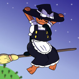 anthro clothing fangs female flying flying_broom hat headgear headwear maid_uniform multi_eye multi_limb smile smiling_at_viewer solo space star teeth uniform witch_hat chefrens touhou chefrens_(chefrens) marisa_kirisame arachnid arthropod mygalomorph spider tarantula 1:1 hi_res
