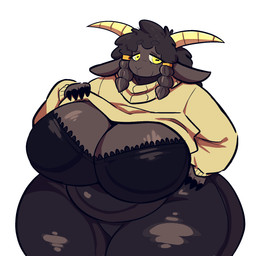 anthro belly big_belly big_breasts black_body black_bottomwear black_bra black_clothing black_fur black_pants black_skin black_underwear black_wool bottomwear bra braided_hair breasts cleavage clothed clothing clothing_lift eyelashes female frilly frilly_bra frilly_clothing frilly_underwear fur hair hand_on_hip horizontal_pupils horn huge_breasts huge_hips huge_thighs overweight pants pupils simple_background solo sweater sweater_lift thick_thighs topwear underwear white_background wide_hips wool_(fur) yellow_clothing yellow_eyes yellow_sweater yellow_topwear astonarts pam_(astonarts) bovid caprine mammal sheep 2026 hi_res