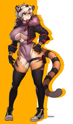 anthro big_breasts black_clothing black_legwear black_thigh_highs blue_eyes breasts clothed clothed_anthro clothed_female clothing countershade_fur countershading cutout eyewear eyewear_on_head facial_scar female female_anthro fingers footwear fur gloves goggles goggles_on_head hair handwear jacket legwear leotard markings mouth_closed multicolored_body multicolored_fur orange_body orange_fur scar shoes short_hair simple_background smile sneakers solo striped_body striped_fur striped_legs striped_markings striped_tail stripes tail tail_markings text thigh_highs thigh_pouch topwear under_boob white_hair pgm300 niah_(extremedash) felid feline mammal pantherine tiger 2020 absurd_res artist_name digital_media_(artwork) full-length_portrait hi_res portrait shaded signature