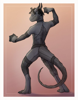 anthro black_body bodysuit border clothing full_body_suit gradient_background horn legwear male male_anthro nylon nylon_bodysuit orange_background rear_view simple_background skinsuit solo standing tight_clothing tights white_border lina_corvus mythology dragon mythological_creature mythological_scalie scalie hi_res