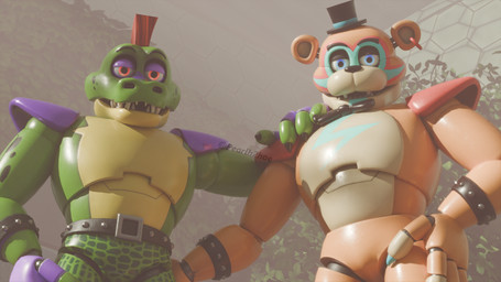 anthro blue_eyes duo foggy_background fur green_body hand_on_butt hand_on_shoulder light looking_at_viewer looking_up machine male male/male orange_body red_body red_eyes red_fur sunlight pearlh2hoe five_nights_at_freddy's five_nights_at_freddy's:_security_breach scottgames steel_wool_studios glamrock_freddy montgomery_gator alligator alligatorid bear crocodilian mammal reptile scalie 3d_(artwork) digital_media_(artwork)