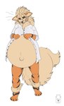 anthro belly big_belly black_nose blue_eyes breasts clothed clothing countershading female front_view fur hair huge_belly logo navel open_clothing open_mouth open_topwear orange_body orange_fur outie_navel pregnant pregnant_anthro pregnant_female simple_background solo standing striped_legs tail tan_body tan_countershading tan_fur tan_hair tan_tail topwear white_background white_clothing white_topwear milk-jug nintendo pokemon clara_diego fan_character arcanine canid generation_1_pokemon mammal pokemon_(species) 2022 artist_logo colored digital_drawing_(artwork) digital_media_(artwork)