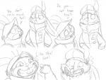 anthro armor bodily_fluids clothing dewlap_(anatomy) dialogue duo female flying_sweatdrops frown grin hat headgear headwear helmet humor male smile sweat sweatdrop text emusal armello league_of_geeks barnaby_(armello) elyssia_(armello) lagomorph leporid mammal rabbit comic english_text monochrome sketch