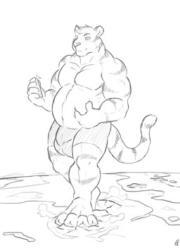 anthro belly big_belly bottomwear bulge clothed clothing detailed_bulge macro male male_anthro mouth_closed muscular muscular_anthro muscular_male navel outside overweight overweight_anthro overweight_male pecs solo standing topless solaxe_(artist) felid mammal pantherine tiger monochrome sketch