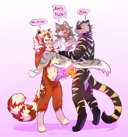 anal anthro bangs brown_body brown_fur dominant double_penetration female fur genitals group hypnosis male mind_control penetration penis purple_penis stripes trio vaginal vulva yellow_penis demibido amto_(demibido) ailurid domestic_cat felid feline felis mammal prehistoric_species red_panda saber-toothed_tiger absurd_res hi_res