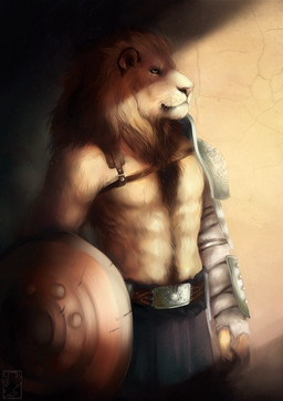 abs anthro arm_wraps armor belt belt_buckle biceps biped body_hair bottomwear brown_body brown_fur buckle chest_hair chest_tuft claws clothed clothing day fur gladiator happy_trail holding_object holding_shield logo looking_forward male mane muscular muscular_anthro muscular_male pecs pose rerebrace shadow shield solo spaulder standing straps tan_body tan_fur topless tuft vambrace vein warrior whiskers wraps yellow_eyes malikaa felid lion mammal pantherine 2012 artist_logo digital_media_(artwork) digital_painting_(artwork) painting_(artwork) portrait three-quarter_portrait