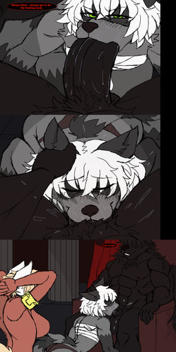 anthro anthro_on_anthro anthro_penetrated anthro_penetrating anthro_penetrating_anthro anthro_pov bandage bandaged_chest big_breasts big_penis black_body black_fur black_hair black_penis blush bodily_fluids bodysuit breasts chair clothed clothed_anthro clothed_female clothing collar cum deep_throat detailed_background dialogue duo eyes_closed fellatio female female_anthro female_penetrated first_person_view fur furniture genital_fluids genitals green_eyes grey_body grey_fur group hair humanoid_genitalia humanoid_penis irrumatio looking_at_viewer male male/female male_anthro male_penetrating male_penetrating_female male_pov markings muscular muscular_male nipples nude_anthro nude_male oral oral_penetration panties penetration penile penis penis_in_mouth profanity saliva saliva_on_penis sex skinsuit speech_bubble striped_markings striped_tail stripes tail tail_markings tan_hair teeth text throne tight_clothing tongue trio underwear white_body white_fur white_hair butcher_pal adam_manchester victoria_manchester canid canine canis hybrid mammal procyonid raccoon wolf 2026 absurd_res colored comic digital_drawing_(artwork) digital_media_(artwork) english_text hi_res daughter_(lore) father_(lore) father_and_child_(lore) father_and_daughter_(lore) incest_(lore) parent_(lore) parent_and_child_(lore) parent_and_daughter_(lore)