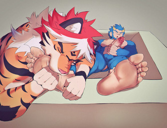 5_fingers 5_toes anthro anthro_on_anthro balls black_body black_fur black_stripes blue_balls blue_body blue_fur blue_hair bodily_fluids duo eyes_closed feet fingers foot_fetish foot_focus foot_lick foot_play fur genital_fluids genitals hair horn humanoid_feet humanoid_genitalia humanoid_hands humanoid_penis licking male male/male masturbation multicolored_hair muscular orange_body orange_fur penile penile_masturbation penis plantigrade precum red_hair saliva soles stripes toes tongue tongue_out two_tone_hair white_hair insaneeighteen erea noban demon felid haplorhine mammal monkey pantherine primate tiger