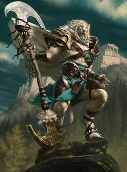 anthro armor belt blue_eyes claws clothing digitigrade dreadlocks footwear forest fur hair holding_melee_weapon holding_object holding_weapon male melee_weapon muscular muscular_male outside pauldron plant rock solo standing tail temple tree weapon whiskers white_body white_fur white_hair yongjae_choi hasbro magic:_the_gathering wizards_of_the_coast ajani_goldmane felid lion mammal pantherine official_art