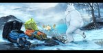 anthro bathing black_bars black_nose butt detailed_background duo eyes_closed kemono male mountain outside slightly_chubby snow snowing steam walking water numaro bear canid canine fox mammal polar_bear ursine 2024 hi_res letterbox