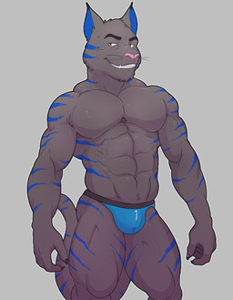 abs anthro biceps blue_bottomwear blue_clothing blue_markings blue_stripes bottomwear cheek_tuft chin_tuft clothed clothing facial_tuft front_view fur grey_background grey_body grey_fur grin head_tuft jockstrap light looking_at_viewer male manly markings muscular muscular_anthro muscular_male navel pecs pink_nose pose quads serratus simple_background smile solo standing stripes topless topless_anthro topless_male tuft underwear v-cut knuxlight domestic_cat felid feline felis mammal colored digital_media_(artwork) hi_res portrait shaded source_request three-quarter_portrait