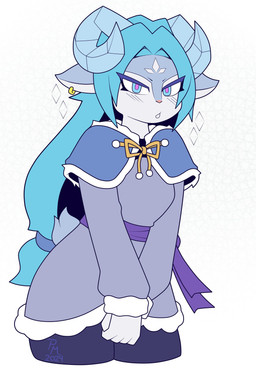 anthro blue_body blue_eyes blue_fur blue_hair blush bovid_horn caprine_horn curled_horn ear_piercing ear_ring female fur goat_horn hair horn ice piercing ring_piercing solo poisonmirror gunfire_reborn lyn_(gunfire_reborn) bovid caprine mammal sheep absurd_res hi_res