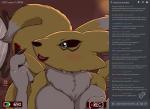 2019 anthro bandai_namco blue_eyes blush breasts butt canid canine chat digimon digimon_(species) discord_(app) english_text female fur hi_res hyenatig_(artist) lipstick makeup mammal open_mouth renamon solo teeth text yellow_body yellow_fur