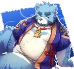 anthro asian_clothing beard belly black_nose blue_body blue_fur clothed clothing east_asian_clothing facial_hair fundoshi fur japanese_clothing kemono male moobs overweight overweight_anthro overweight_male sitting solo underwear white_body white_clothing white_fundoshi white_fur white_underwear boar_stag144 bonasiah full_attack sophring_jie bear mammal 2021