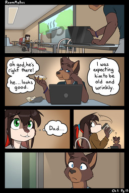 anthro beverage blue_eyes bottomwear brown_body buckteeth clothed clothing coffee coffee_cup computer container cup dialogue eating eating_food electronics female food fur green_eyes hair highlights_(coloring) holding_object laptop male red_highlights sitting tail teeth text thought_bubble topwear black-kitten ken_(black-kitten) maya_(black-kitten) canid canine canis domestic_dog hybrid lagomorph leporid mammal rabbit 2:3 colored comic digital_drawing_(artwork) digital_media_(artwork) english_text hi_res