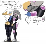 1:1 2016 anthro bat big_breasts bite biting_lip biting_own_lip blackbetty breasts butt close-up clothed clothing cosplay crossover digital_media_(artwork) disney duo english_text female female/female imminent_sex judy_hopps lagomorph leporid long_ears mammal rabbit rouge_the_bat sega self_bite simple_background smile sonic_the_hedgehog_(series) speech_bubble standing text zootopia