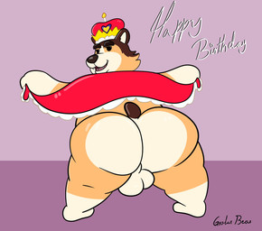 anthro backsack balls big_butt brown_body butt crown genitals headgear open_mouth slightly_chubby solo standing text grolarbearsins canid canine canis domestic_dog herding_dog mammal pastoral_dog welsh_corgi 2026 absurd_res english_text hi_res