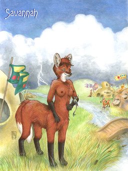 black_body black_fur blue_eyes bridge brown_body brown_fur casual_nudity cloud detailed_background digitigrade dipstick_tail electricity female flag fur grass group hut leg_markings lightning markings nipples nude nudist outside plant quadruped reeds savanna sky smile socks_(marking) solo_focus standing tail tail_markings village white_body white_fur kacey chakona_space avian bird canid canid_taur canine canine_taur fox fox_taur mammal mammal_taur taur 2004