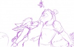 anthro duo female holidays kissing_bough male male/female mistletoe plant surprise crys christmas skylor_(character) domestic_ferret hybrid mammal mustelid musteline true_musteline weasel monochrome purple_and_white sketch