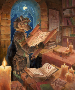 anthro armband belt black_nose book bracelet candle cloak clothing collar desk ear_piercing ear_ring fluffy furniture gloves green_eyes handwear holding_scroll jewelry library male moon night partially_clothed_male piercing reading reading_scroll ring_piercing scroll solo standing stone_wall table tablecloth wall_(structure) whisker_spots window akatan_art mugamma canid canine canis domestic_dog german_shepherd herding_dog mammal pastoral_dog 2025 colored hi_res traditional_media_(artwork)